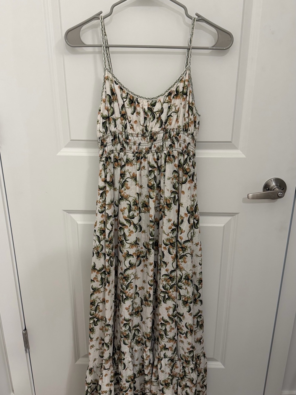 White Floral Maxi Dress with Green Leaf Print